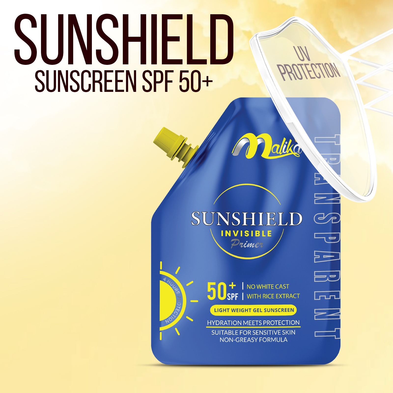 Instant Malika Sunshield Invisible Transparent primer Sunblock - Sunscreen - Primer - Sun Block - 2 In 1 - Sun Screen - Primer Makeup - Skin Hydrating And UV Protection - Sunblock For Oily Skin - Sunscreen For Oily Skin - 50+ SPF - Primer For Oily Skin