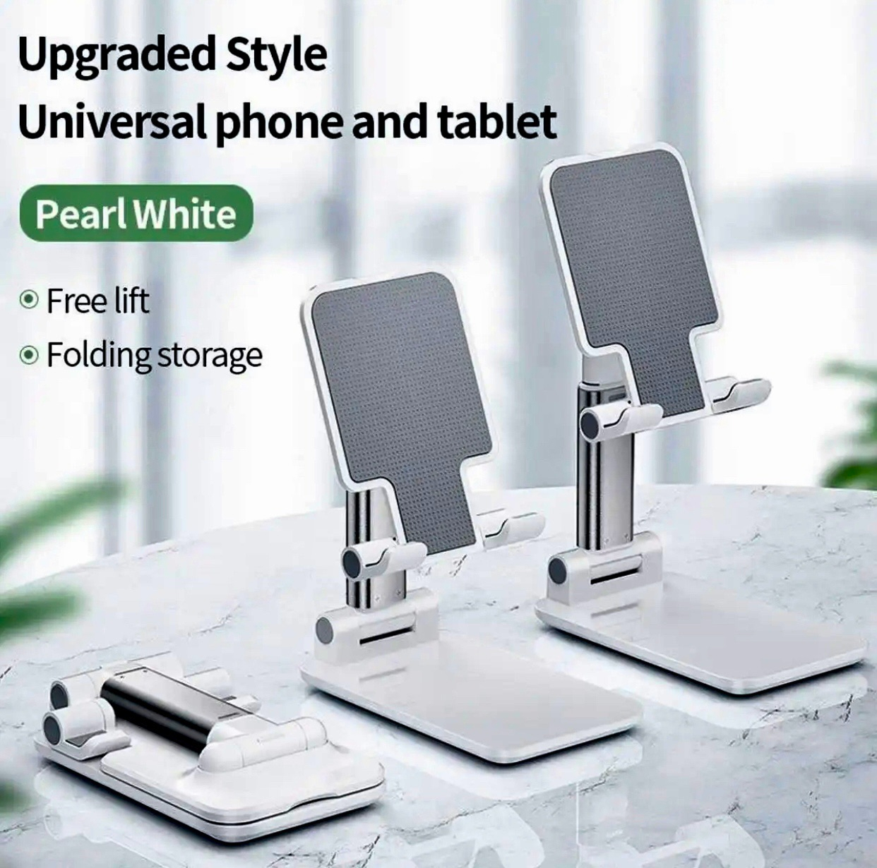 Universal Foldable Desk top Mobile Phone Stand Bracket Holder, Mobile Phone Stand Mount Adjustable Flexible Desktop Smart Phone Tablet Holder Pocket Size Product Easy to Carry for Study and Office Use Compatible with all size Mobiles (Black - White Color)