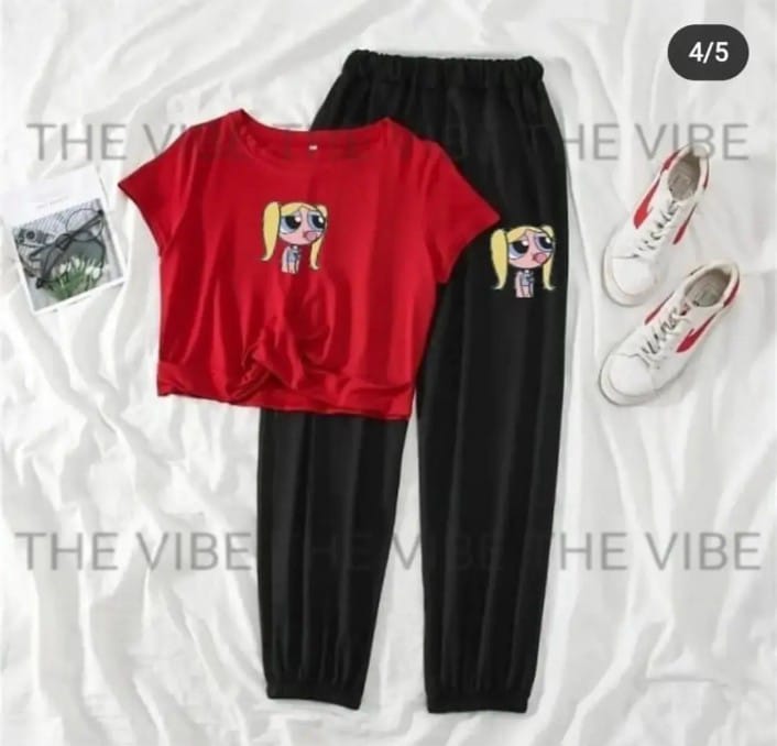 Trendy Famous Catoon Power Puff Girls Tracksuit for Women & Girls Gym Wear printed Crop Top half Sleeve T-Shirt & Trouser for Summer Collection Elegant Wear