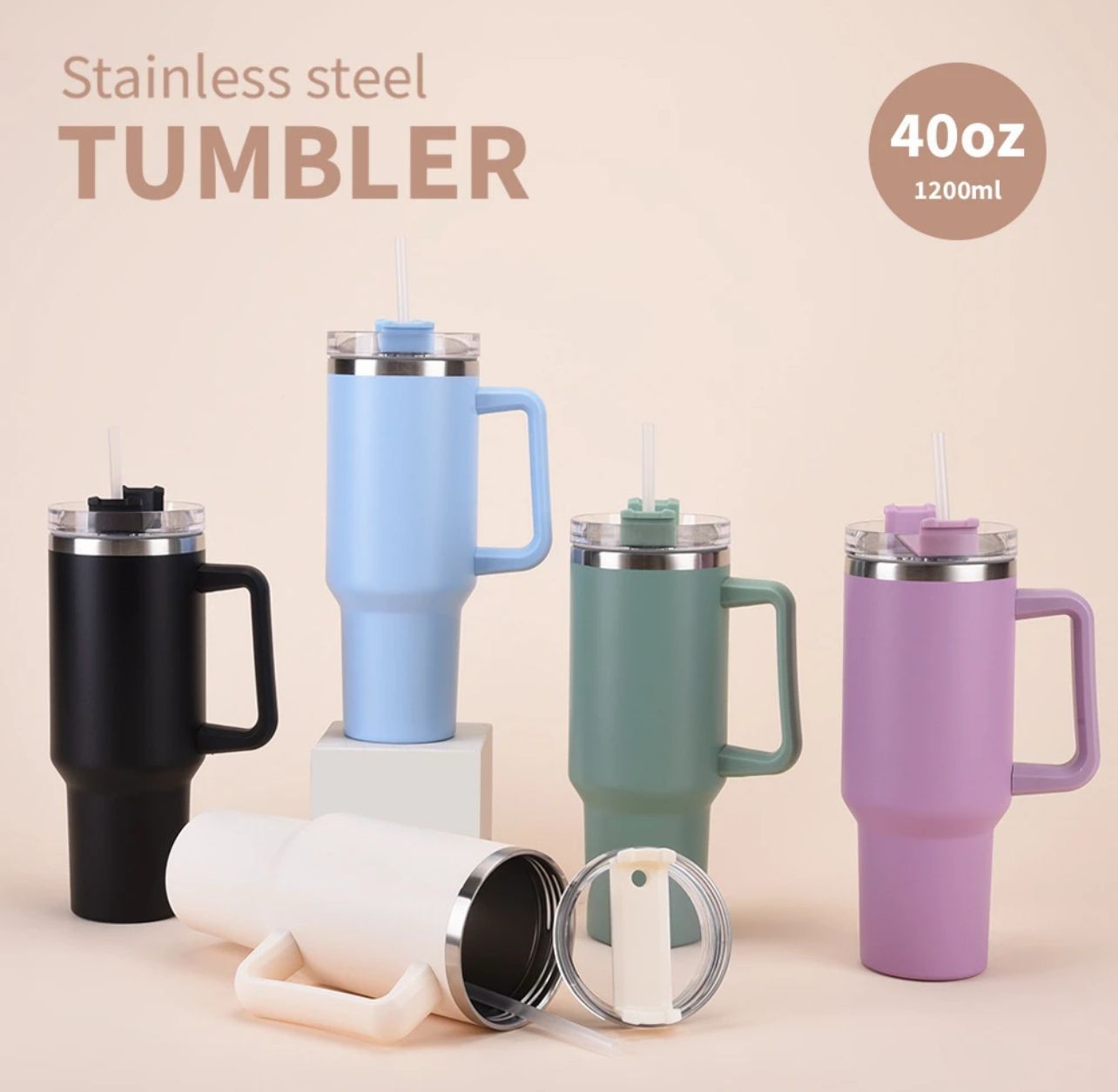 40oz Stainless Steel Insulated Water Bottle With Handle Straw Vacuum Flask Thermal Coffee Cup For Car Travel Outdoor Use Keeps Drinks Cold And Hot Durable Leak Proof Lightweight Tumbler Mug Suitable For Summer Hiking Camping Office