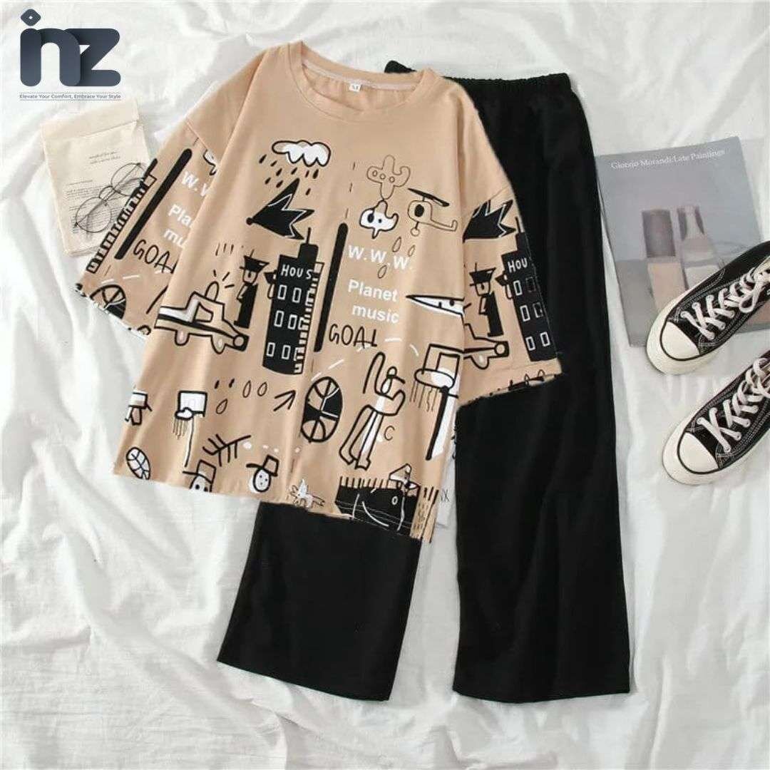 Women Plus Size Printed T-Shirt with Trouser Set Girls Comfortable and Quiet Outfit