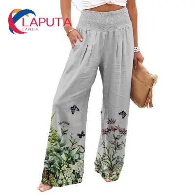 Women Pants Vintage Style Vivid Floral Print Stretchy Waist Summer Pants