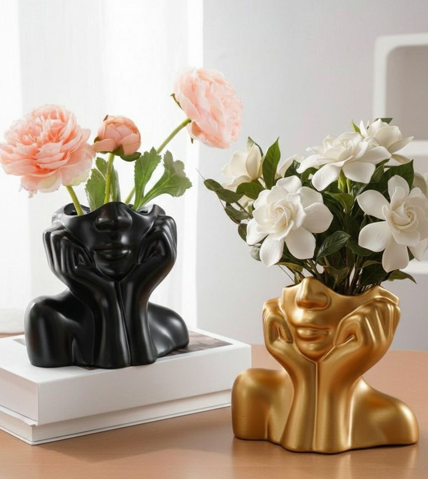 Ceramic Face Design Flower Vase – Modern Decorative Lady Style Vase for Home & Office Table Décor