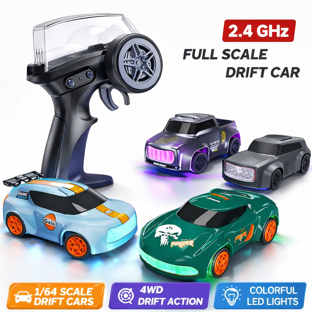 Lighting Mini Desktop Drift RC Car 1/64 Scale 4WD | LED Remote Control Drift Car | Rechargeable Mini RC Racing Car Toy for Kids & Adults
