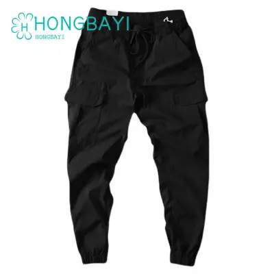 Cargo Pants Men Solid Color Black Loose Casual Jogger Pocket Elastic Waist  Ankle Length Trousers
