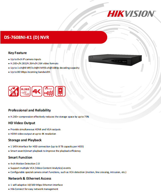 HIKVISION DS-7608NI-K1 8-ch 1U 4K NVR Network Products Network
