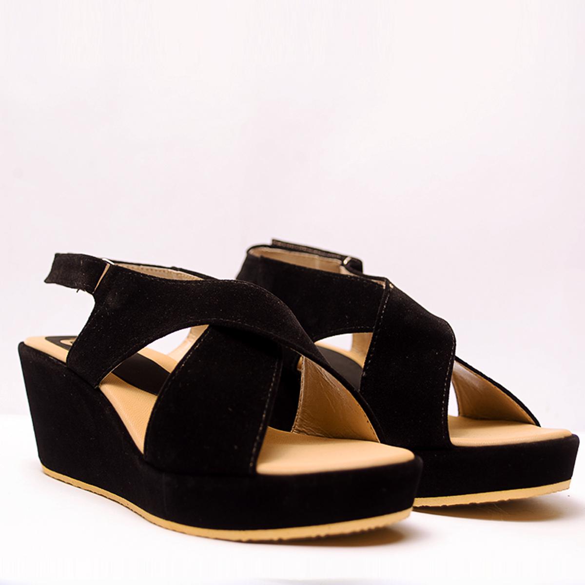 Black velvet cross belt wedges sandal for women, Soft and comfortable, For formal and casual wear