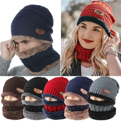 Winter Knitting Skull Cap and Neck Scarf Wool Warm - TOPI
