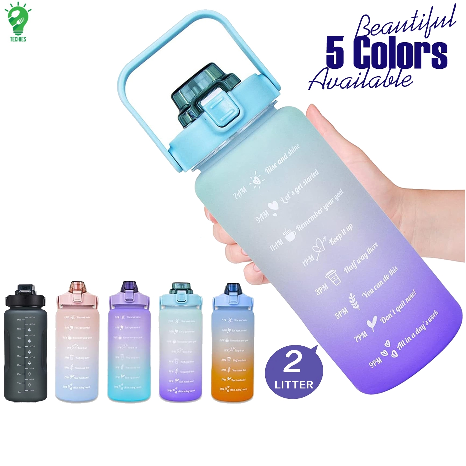 2000ml Motivational Water Bottle With Straw | 2L Gradient Color Drinking Water Bottle