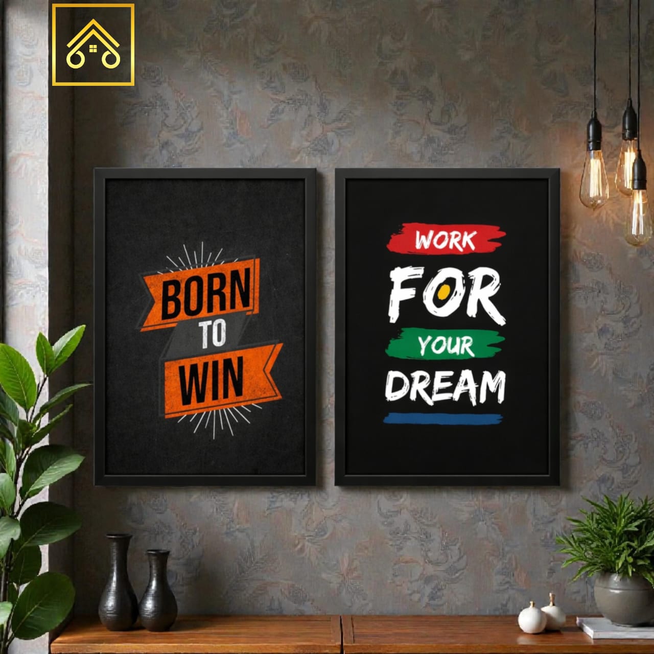 Born To Win Motivational Quote Wall Art Set (Pack of 2) - Wooden Glass & Sticky MDF Frames | Premium Acrylic Glass Photo Frame & Budget-Friendly MDF Wall Decor | Motivational Quotes Frames for Wall Office Home Room Decoration