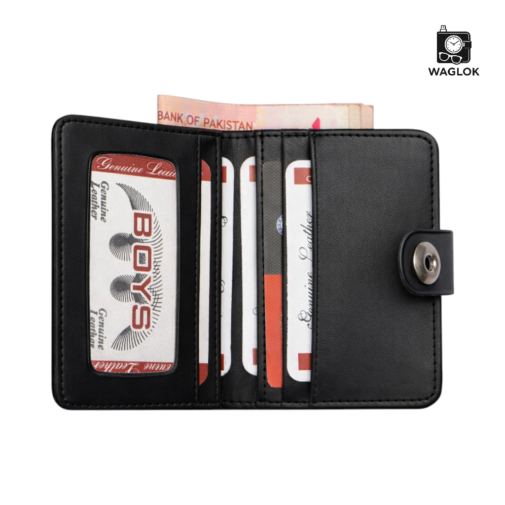Magnetic Button Cow Leather Slim Wallet, 4 Card Slots, 1 Cash Pocket, 1 Window Card Slot