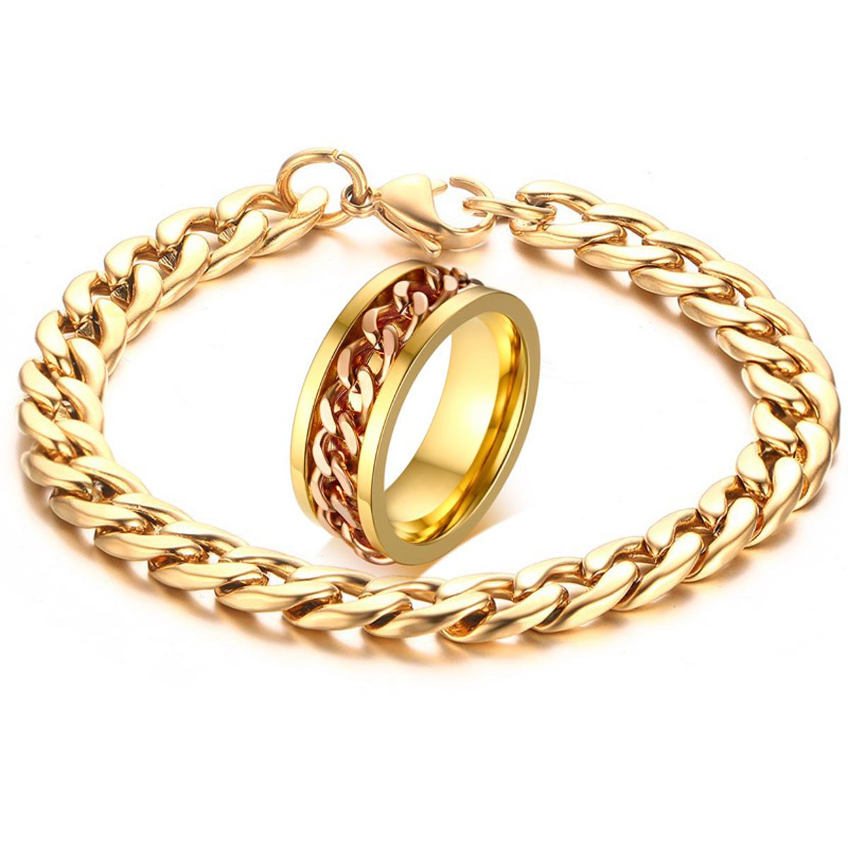 Stainless Set of Golden Bracelets and Spinner Ring combo for Men and Boys