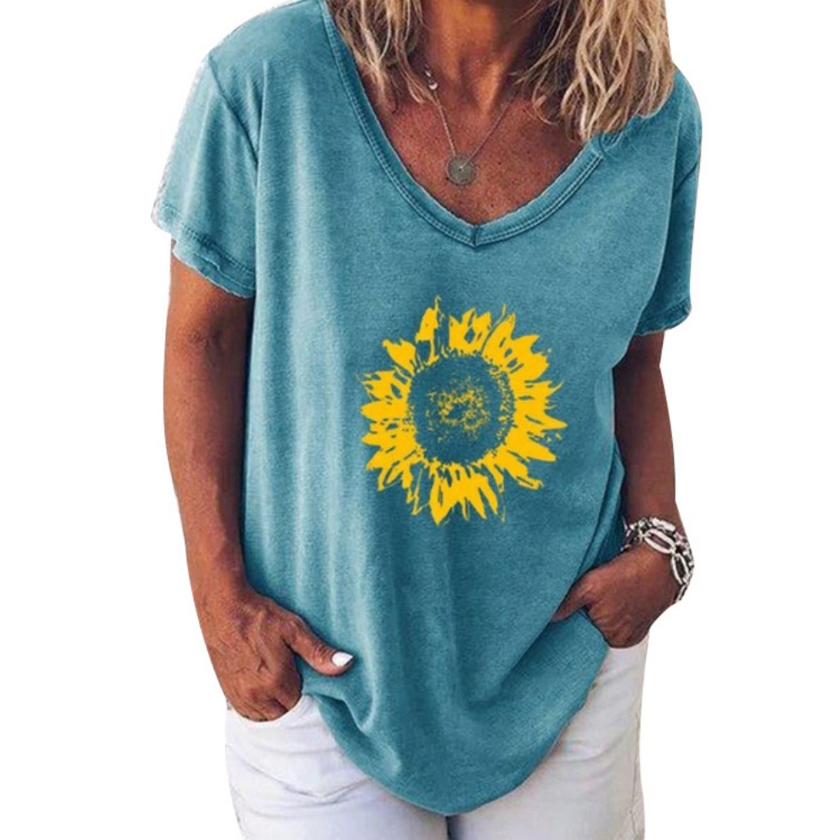 no boundaries medium womens t shirt v neck sunflower scrunched front