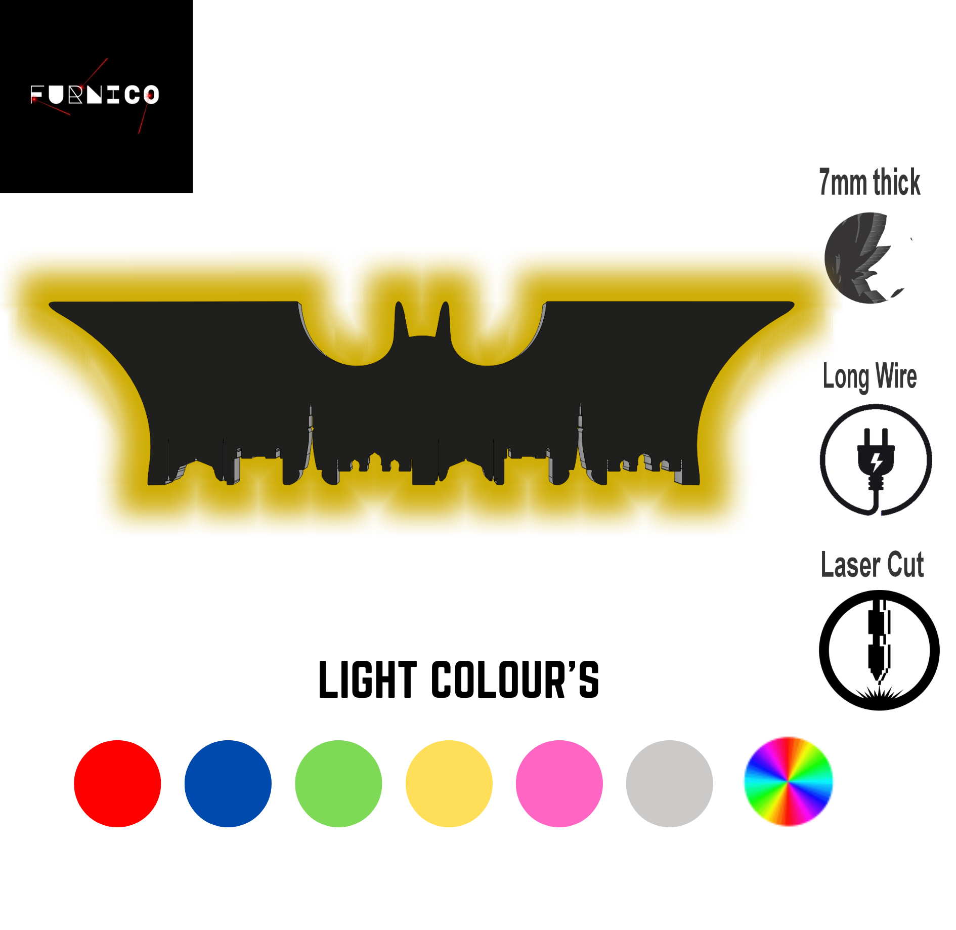 Batman-Inspired LED Wall Art Light with Multi-Color Option, 7mm Thick, Laser Cut, for Gaming and Home Decor