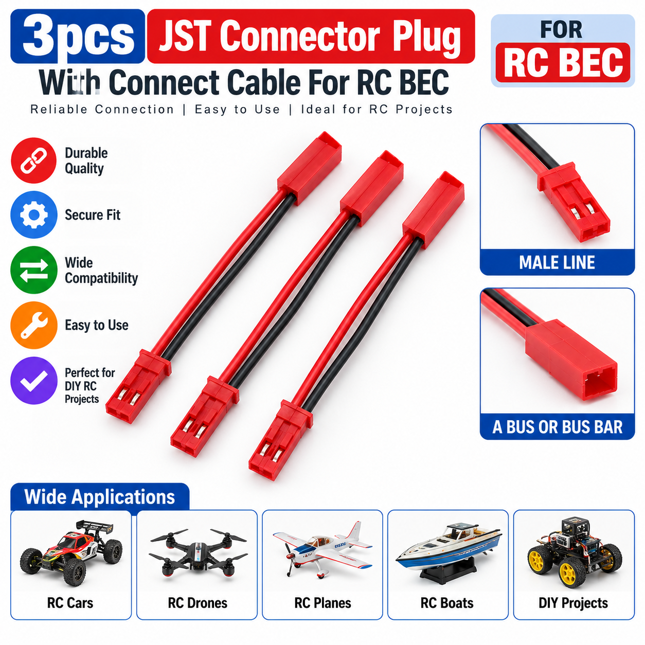 3pcs JST Connector Plug With Connect Cable For RC BEC