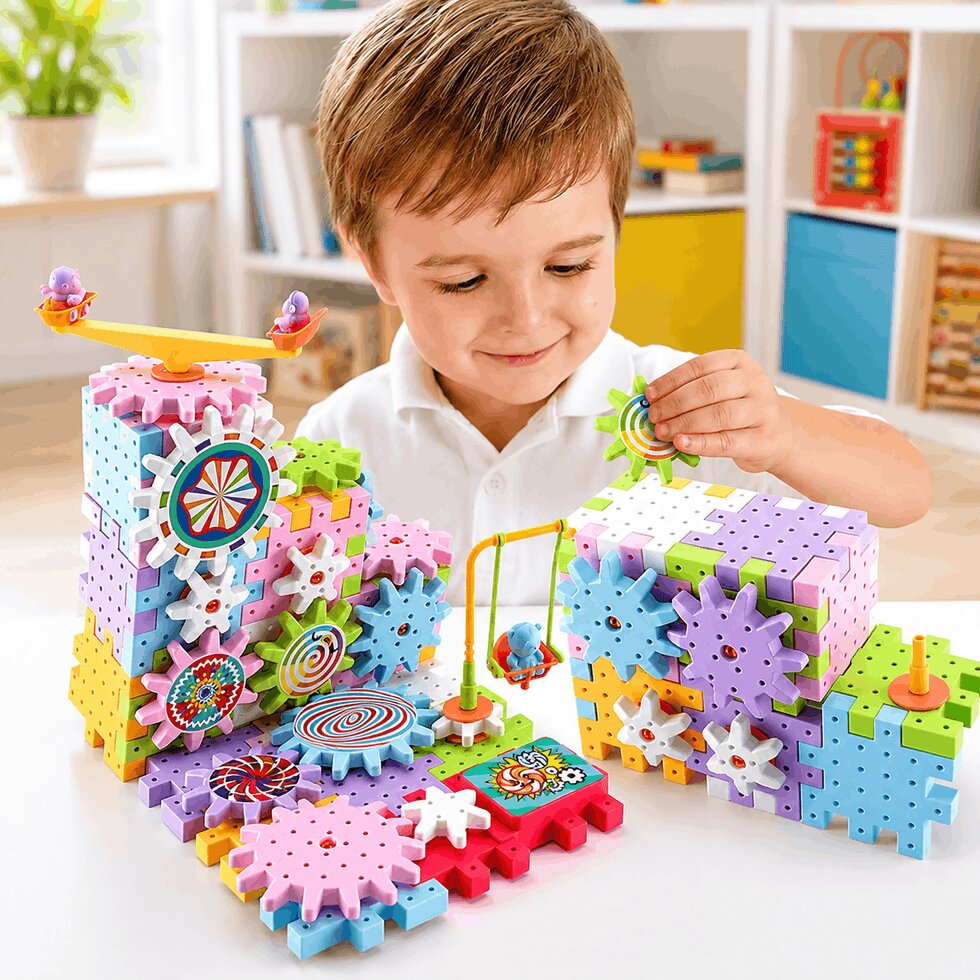 Electric Building Block Gear Toy Set DIY Plastic Brick Toys Colourful Building Block Large Particle Electric Gear Rotating Assembly Block Children Early Education Puzzle Fun Learning Blocks Gifts for Birthday