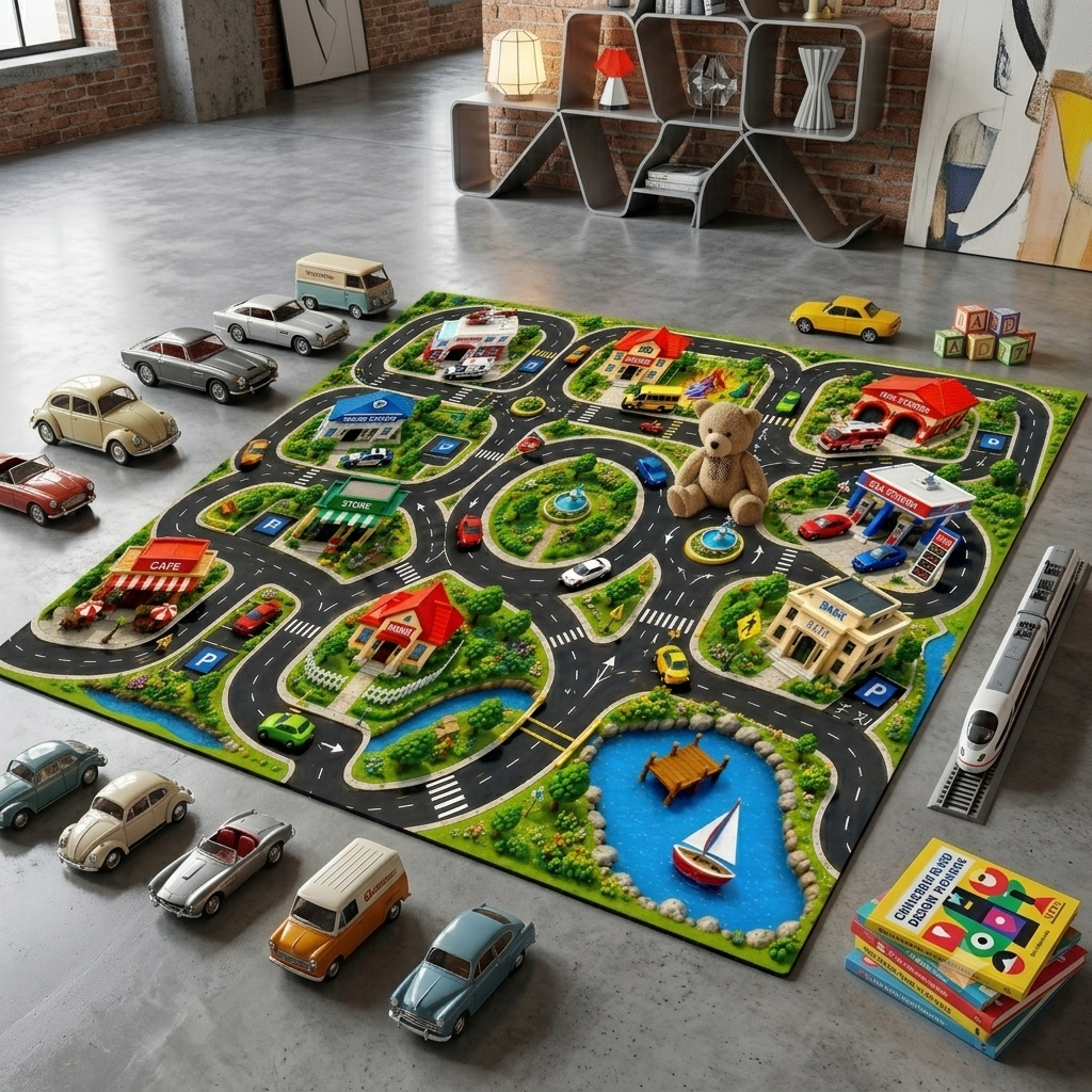 City Map Vehicle Road Track Floor Play Mat with Metal Cars – 36 x 24 Inch Waterproof Flex Playmat for Kids Boys & Girls, Cartoon City Town Road Activity Mat for Learning, Pretend Play & Educational Fun