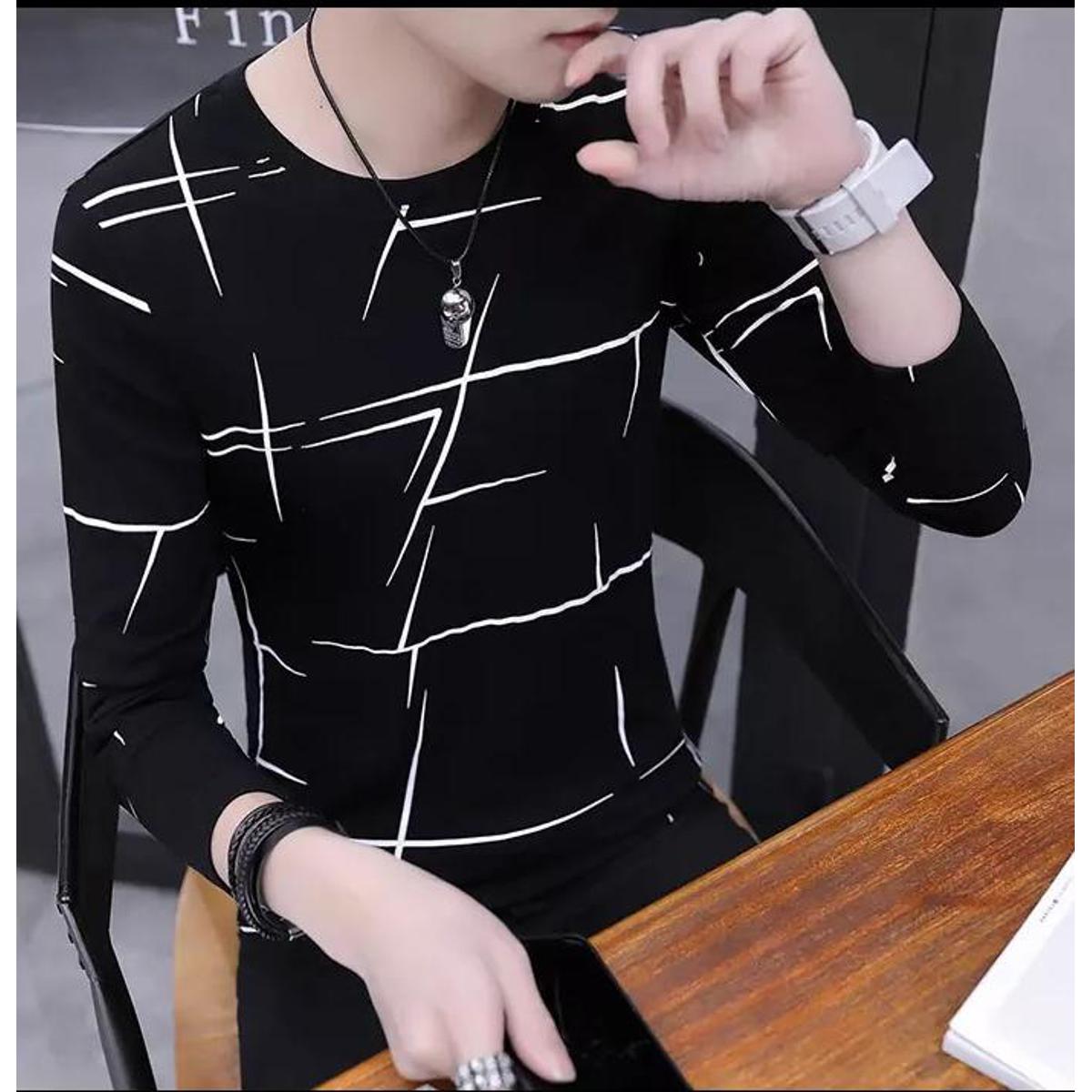 Trendy Black Full Sleeve T-Shirt for Men & Boys – Elegant White Curved Line Design – Soft Premium Cotton Jersey Casual Wear – New Arrival 2026