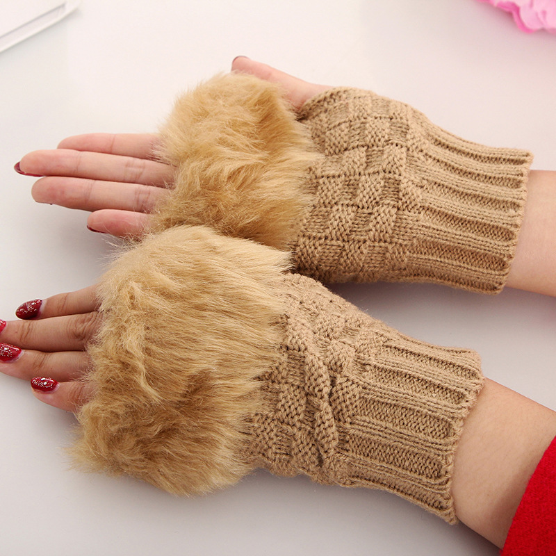 Fashion Women Faux Rabbit Fur Fingerless Knitted Gloves Winter Hand Wrist Warmer