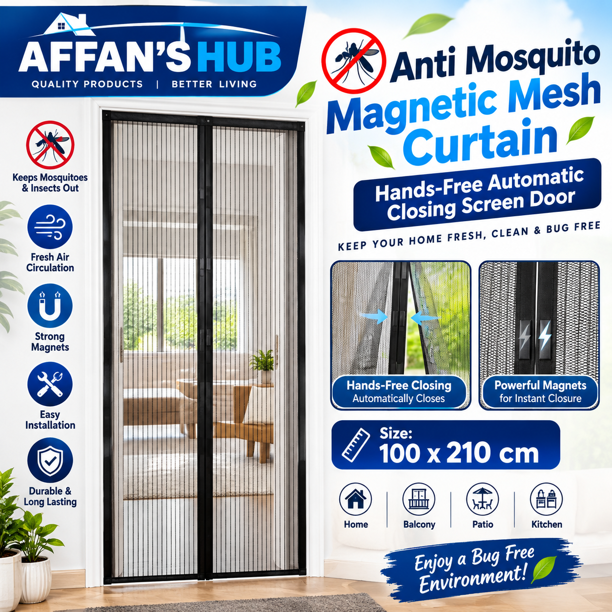 Anti Mosquito Magnetic Mesh Curtain Hands-Free Automatic Closing Screen Door - 100x210cm