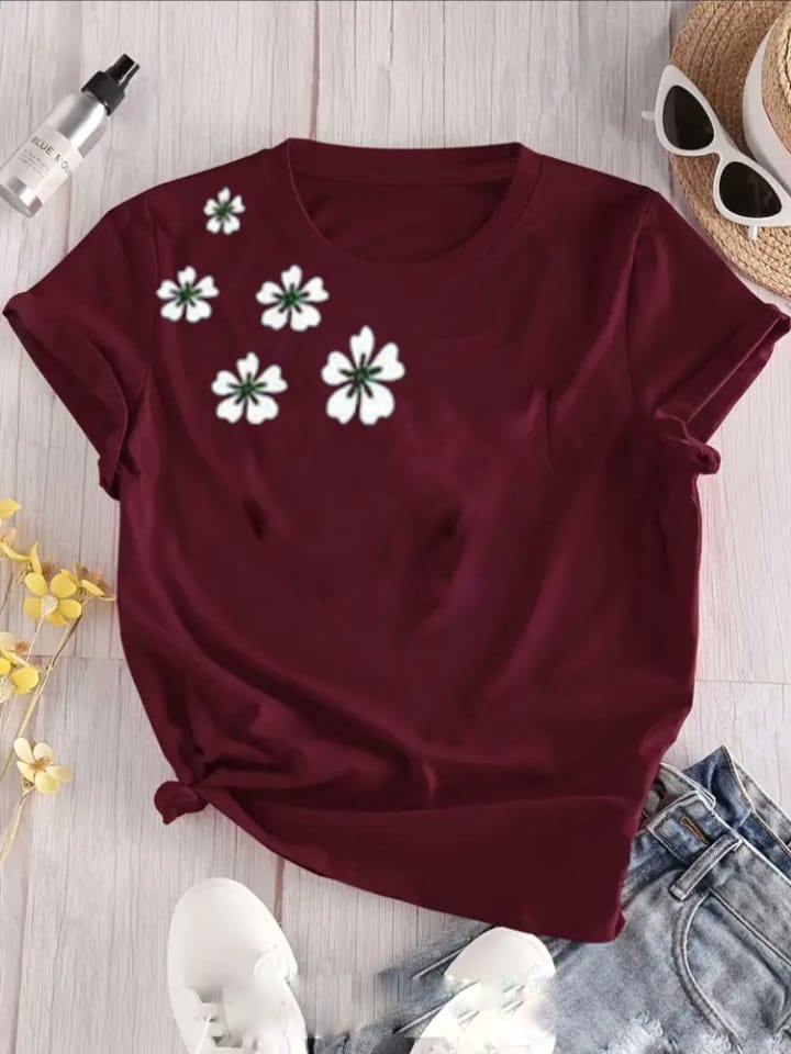 SIDE FLOWERS NEW DTF Print Round Neck Half Sleeves Best Quality For Casual &. Night Wear Cotton Polyester T.Shirts For Ladies Women's & Girls.