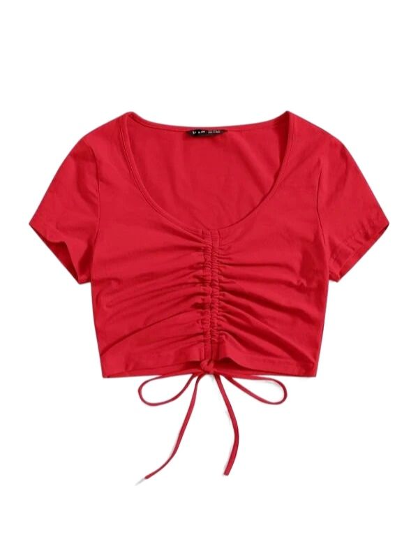 Women's Solid Drawstring Ruched Tee – Stylish and Trendy Cotton Blend (S-XL)