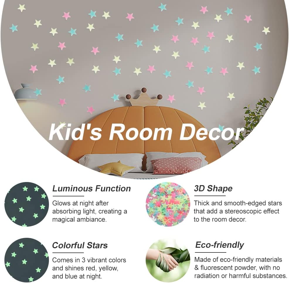 [High Quality] 100pcsGlowing star 3D stars stickers room decoration glow shine in the dark Luminous on Wall Glowing star Stickers for Kids Room living room decoration