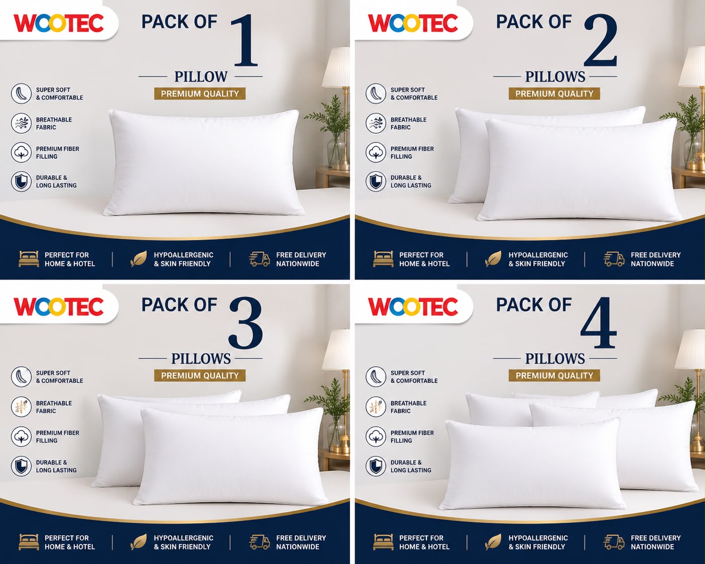 Pack Of 1,2,3,4  - Pillow - White Pillow - Ball Fiber Pillows for Bed | Soft Polyester Fiber Sleeping Pillows with Zip Closure | Lightweight & Non-Allergic | Back & Side Sleeper Pillow