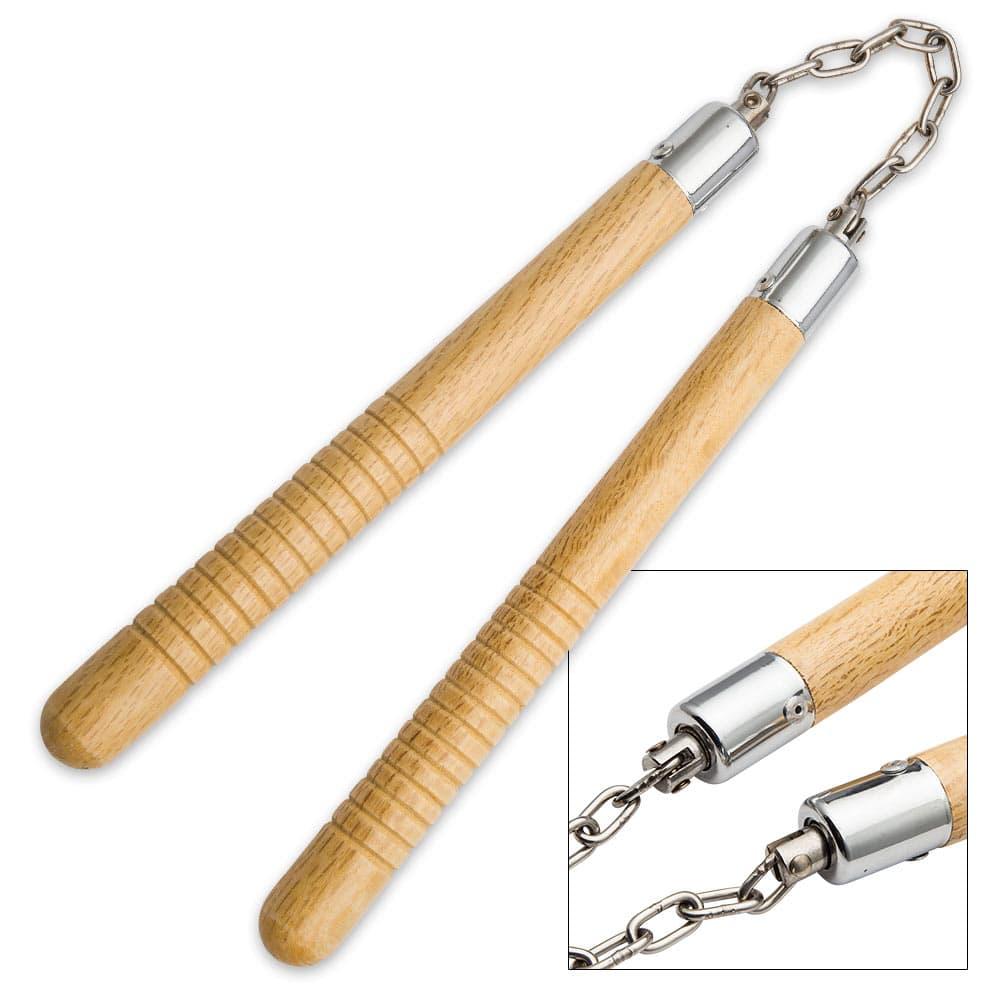 Wooden Nunchaku Martial Arts Training Stick | Solid Wood Nan Chaku with Chain | Karate Kung Fu Practice Nunchucks for Beginners & Professionals