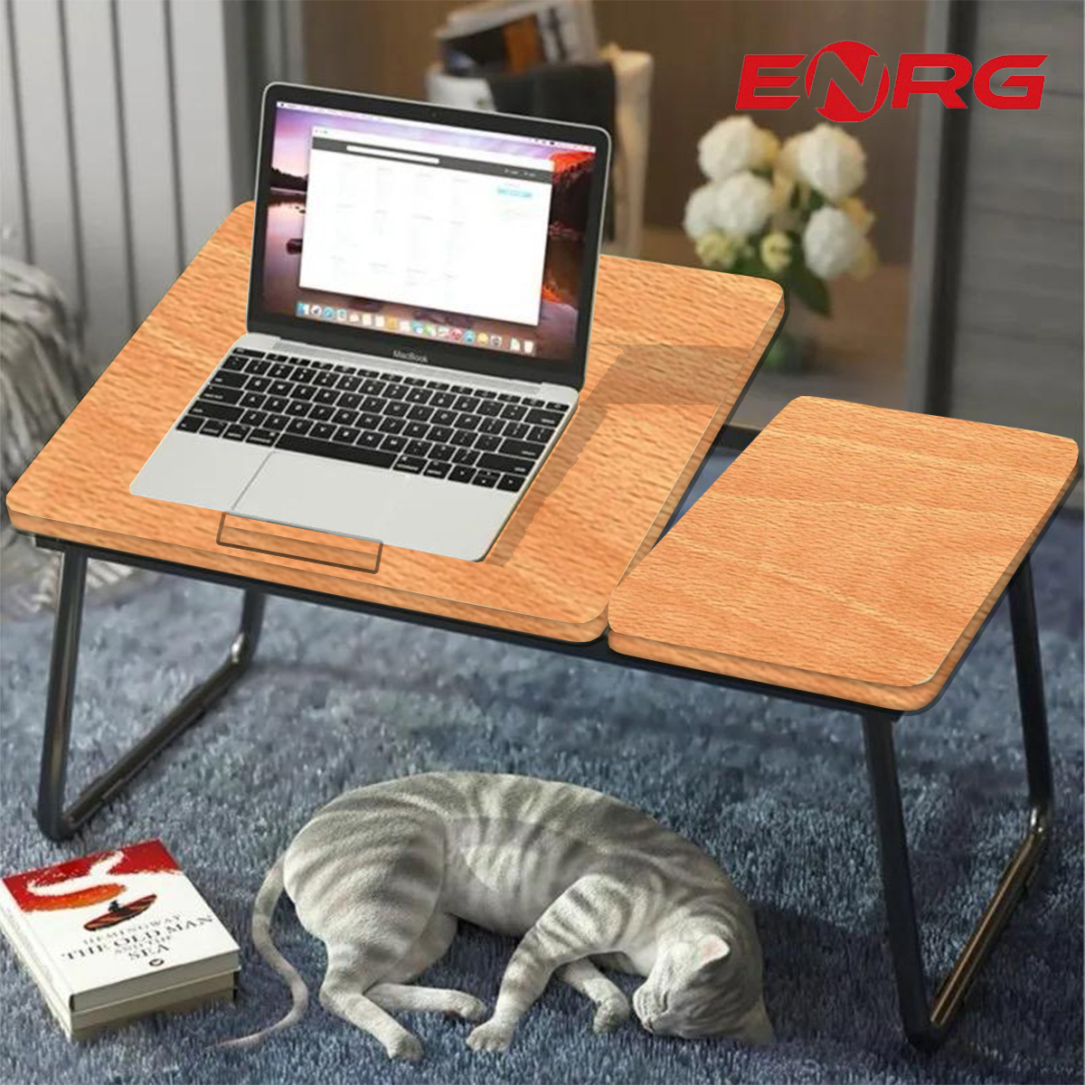 Energy - ENRG Wooden Gaming Laptop Table With Fan For Bed Foldable Stand Ergonomic Portable Drawing Notebook Reading Food Breakfast Serving With Inbuild Tablet And Cup Holder Slots Couch Black Brown Pink Yellow Green White Blue