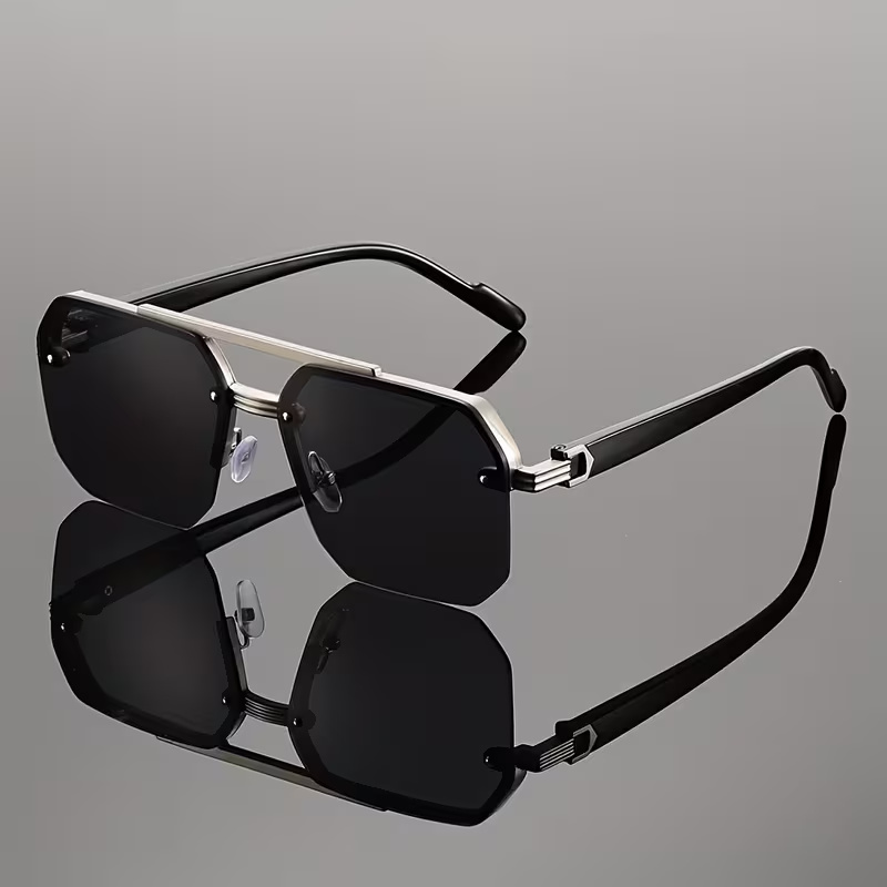 UrbanHive.pk Unisex Retro Fashion Eyewear with Double Beam Design Sunglasses for Men & Women - Black Metal Frame & Decorative Lenses Semi-Rimless Casual Glasses for Boys & Girls - Universal Versatile Trendy Octagon Fashion Shades for Ladies