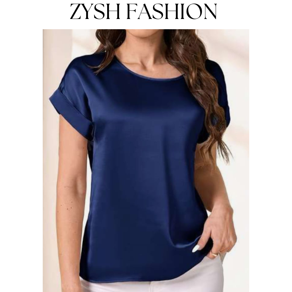 Zysh Fashion Elegant Short Sleeve Silk Blouse with Round Neck in Assorted Colors