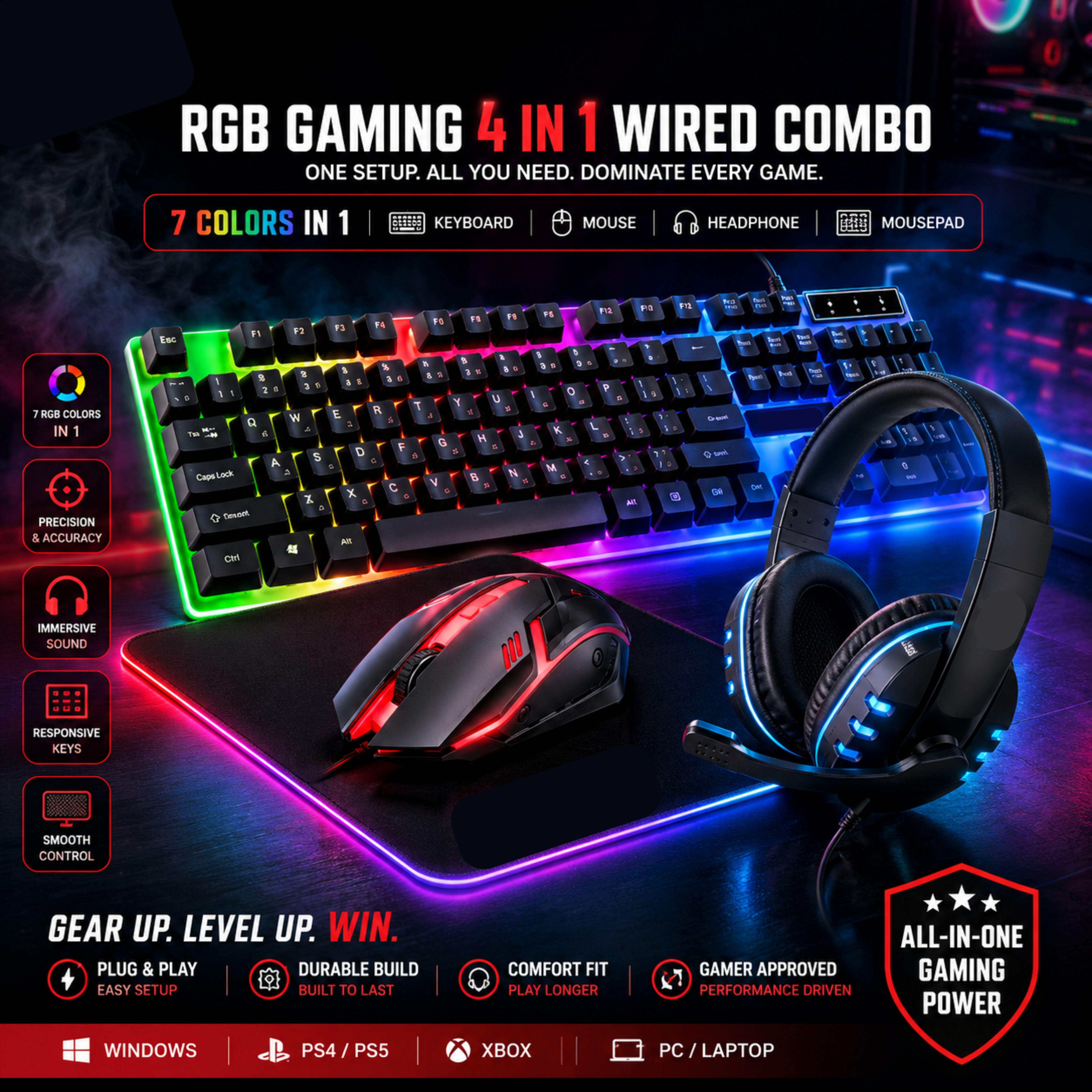 RGB Gaming Keyboard And Mouse And Headphone And Mousepad And Headphone Stand 4 In 1 Wired Combo 7 RGB Colors In Combo 4
