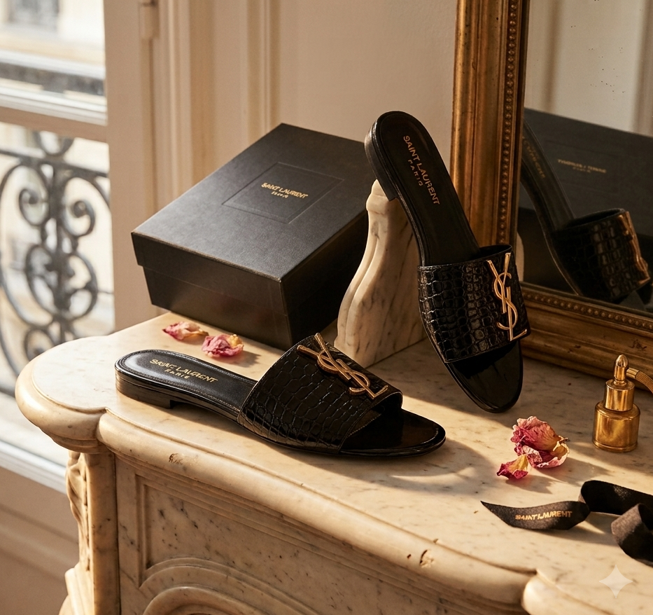 YSL Ladies Fancy Black Slipper | Women Stylish Flat Sandals | Luxury Slip On Footwear | Casual & Party Wear