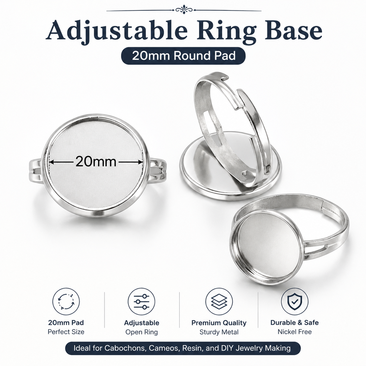 20mm Adjustable Ring Base Blank Silver Color | Round Pad Cabochon Ring Setting | DIY Jewelry Making Ring Findings | Resin Art Ring Base | Cameo Bezel Tray | Adjustable Finger Ring