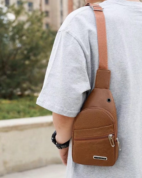 Men's PU Leather Crossbody Sling Bag | Casual Chest Shoulder Travel Messenger Bag | Multiple Zipper Pockets | Adjustable Strap | Brown & Black