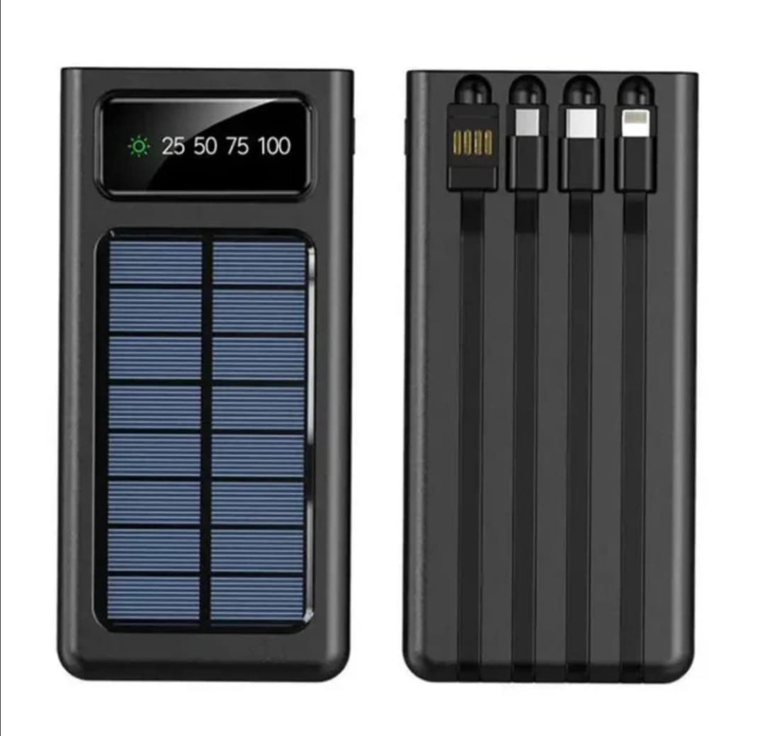 Solar Power Bank -Fast charging Power Bank -10000 mah Solar Power Bank With 4 Cable - Solar Powered Fast Charging - Fast charging supported -Compatible With -Android  And All Other Devices - Fast Supported Power Bank- 10000 MAH SOLAR POWER BANK.