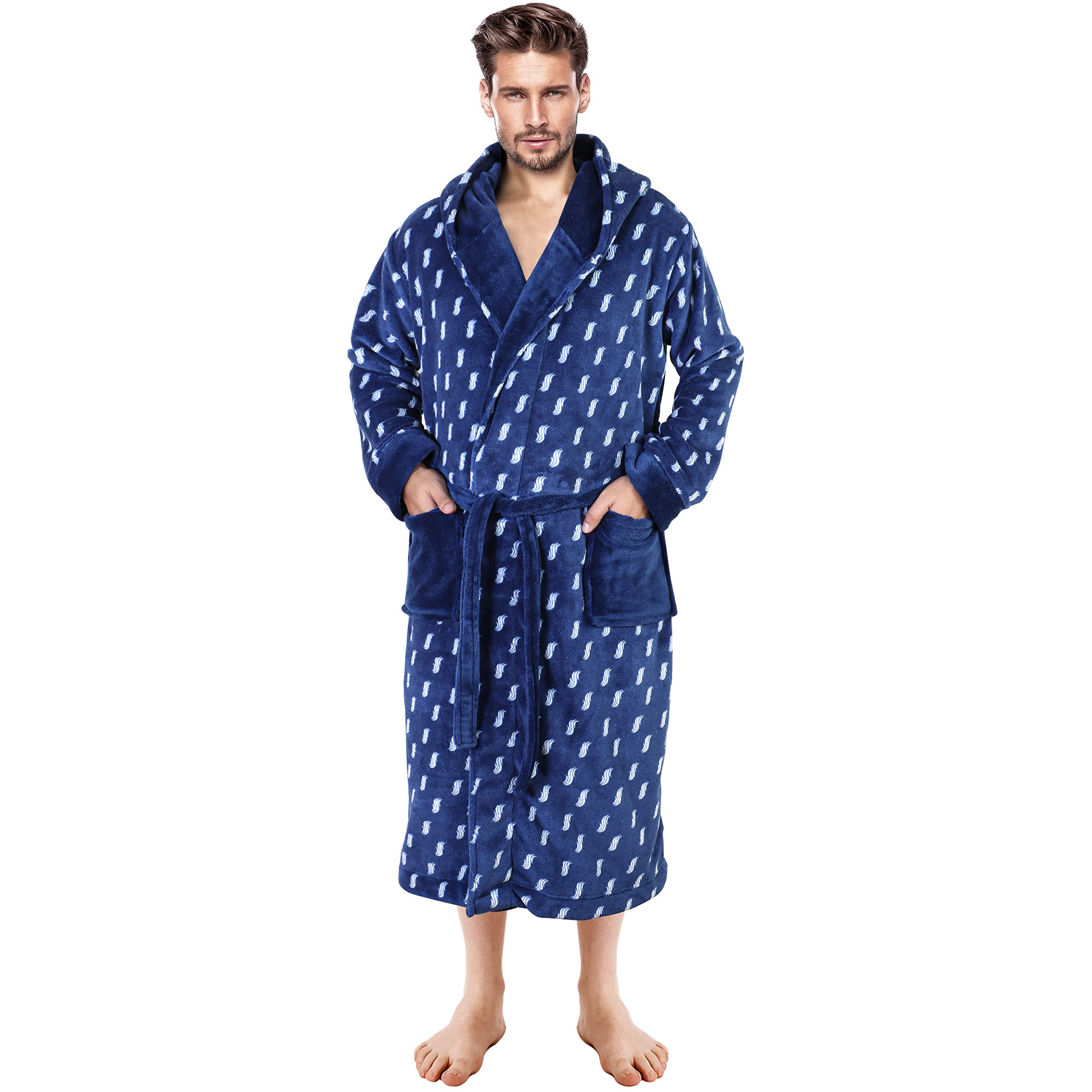 Fast Forward Mens Hooded Fleece Robe - Plush Long Printed Bathrobes