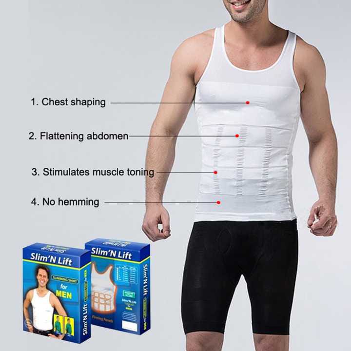 Slim N Lift Body Shaper Vest for Men – Compression Slimming Undershirt for Tummy Control & Back Support – Black/White