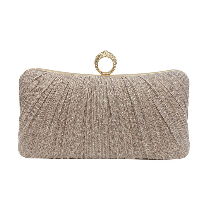 Luxury Pleated Glitter Evening Clutch Bag for Women – Pearl Ring Clasp with Rhinestone Detail | Fancy Bridal Purse for Wedding, Party & Formal Events
