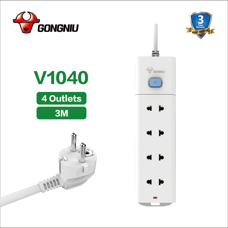 GONGNIU V1040 4Outlet Extension Board, 1 Master ON/OFF Switch, with 2*