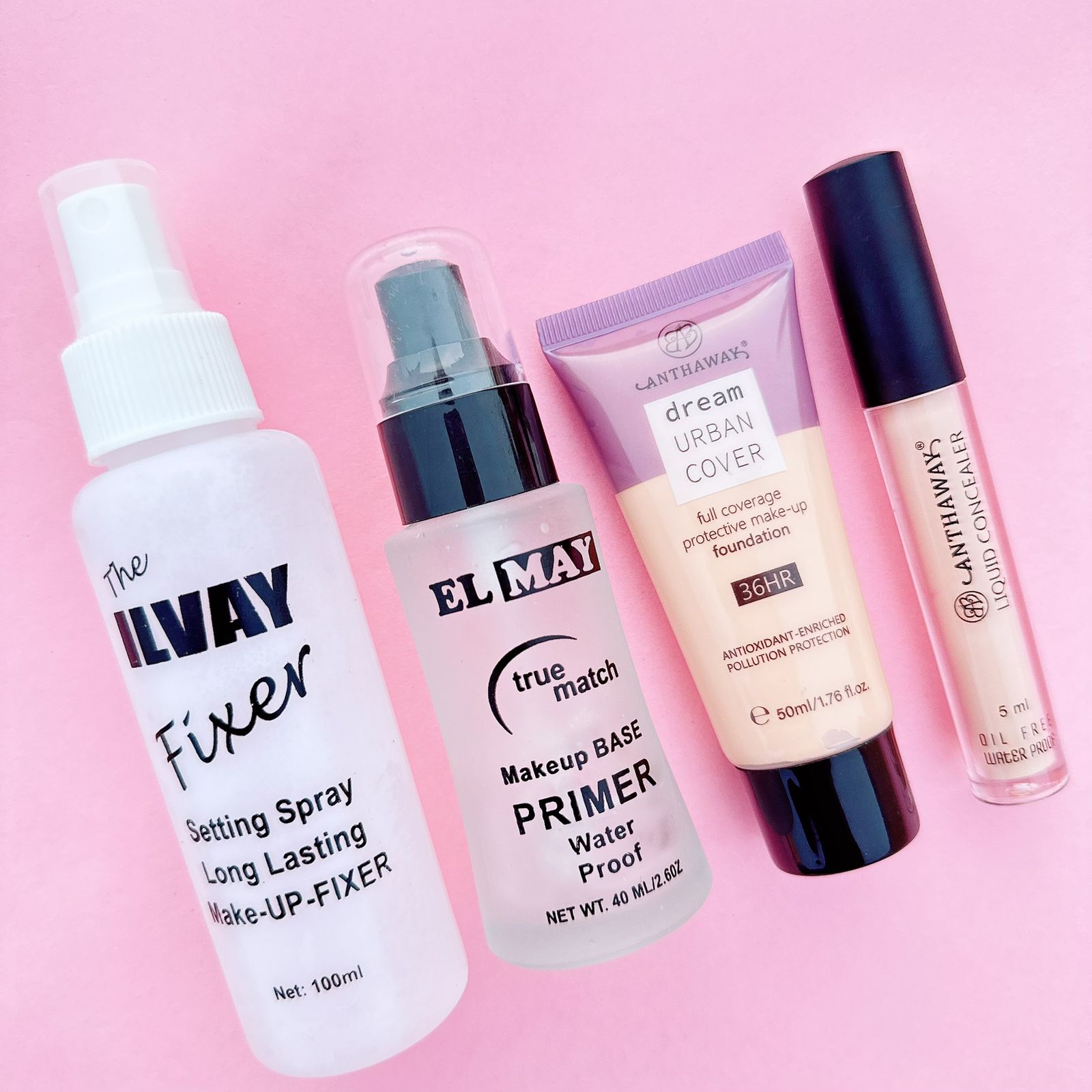ILVAY - Deal of Primer Pump + Makeup Fixer + Foundation Tube + Liquid Concealer