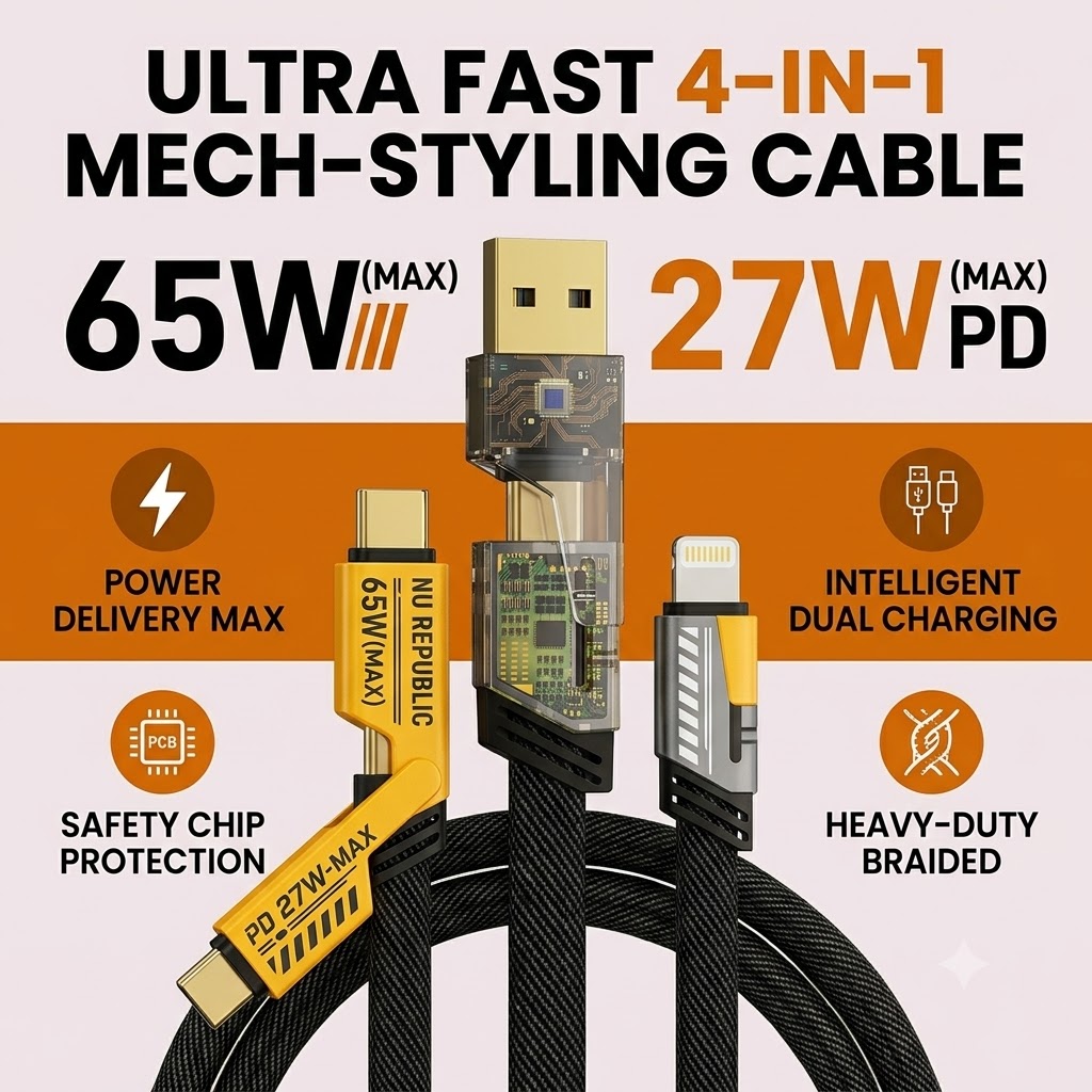 3 in 1 Fast Charging Cable 4 in 1 Cord 65W PD 27W Max Type C to Type C USB to 8-Pin Micro Braided Wire | 1.2M Heavy Duty Universal Multi Port Quick Charger Data Sync Line for Laptops Mobile Phones Tablets Power Banks Earbuds - Al Madina Store.pk