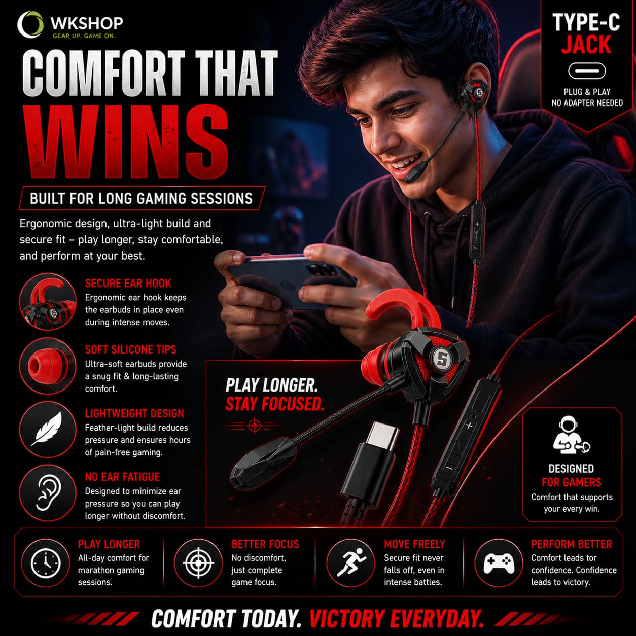 Gaming Handsfree For PUBG Free Fire Call Of Duty Mobile | Noise Cancelling Mic | Deep Bass HD Stereo Sound | Low Latency Wired Gaming Earphones | 3.5mm & Type-C Jack Gaming Headset For Android lPhone PC Laptop PS4 PS5 Xbox Tablet | Gaming Earbuds With Mic