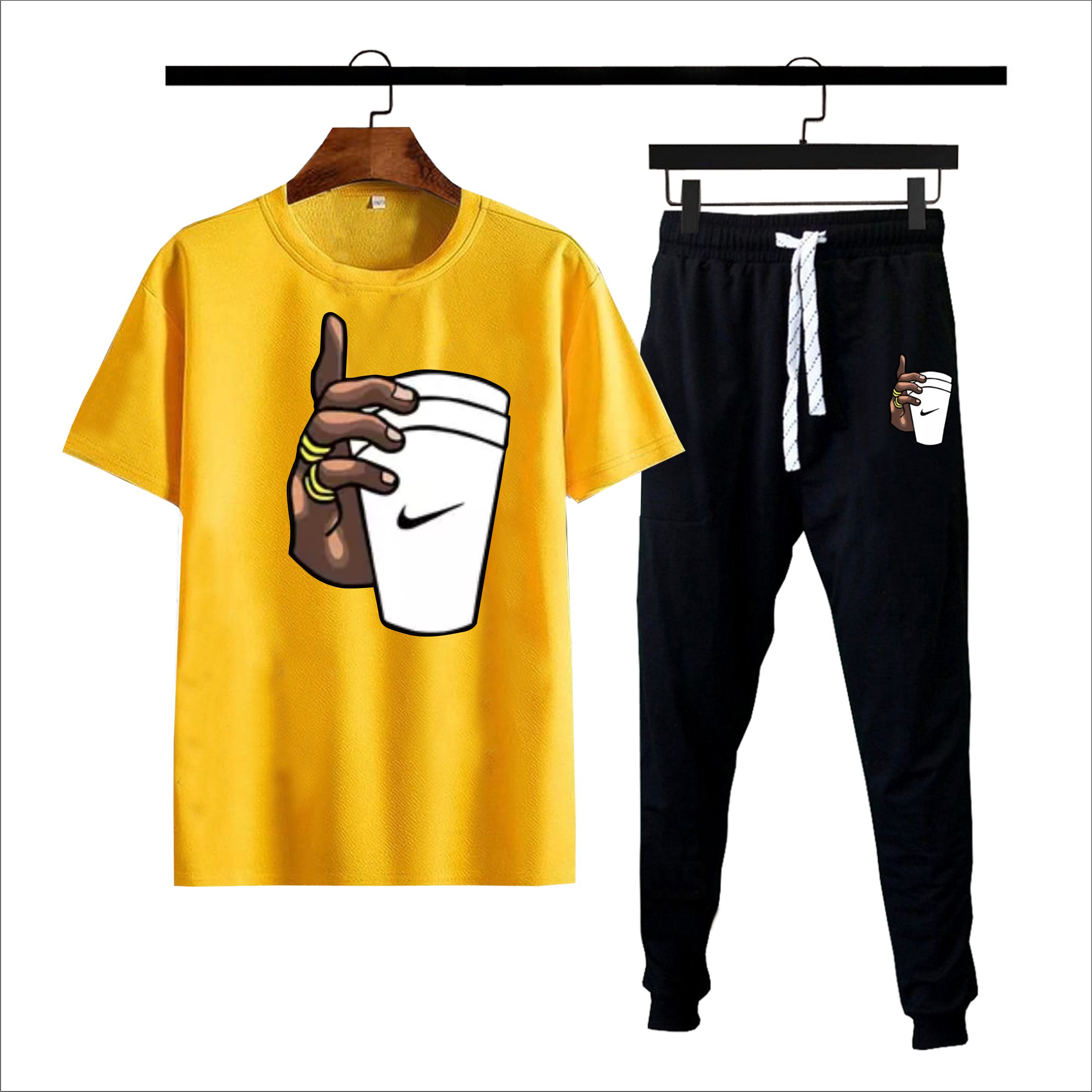 Yellow & black hand with cup printed summer tracksuit for men