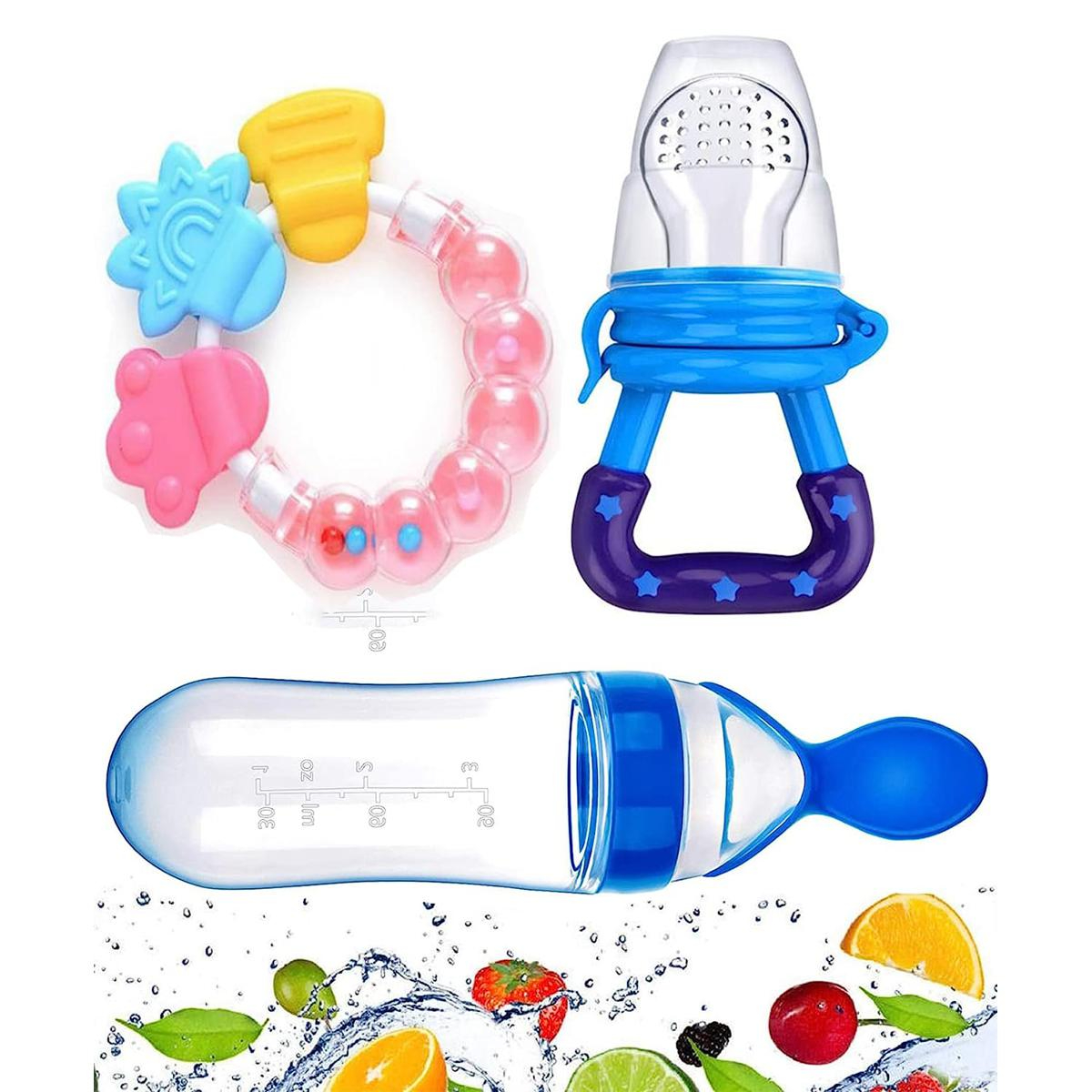 Pack of 3 Silicone Baby Food Dispensing Spoon Bottle 90ML, Fruit Pacifer Fruit Nibbler, Silicone Teething Toys Teether Rattle