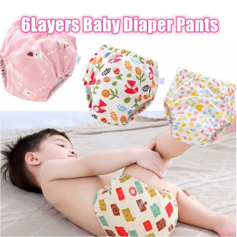 1 Pcs Baby Washable 6-Layer Cloth Diaper | Reusable Cotton Elastic Waist Nappy Learning Pants (Random Colors)