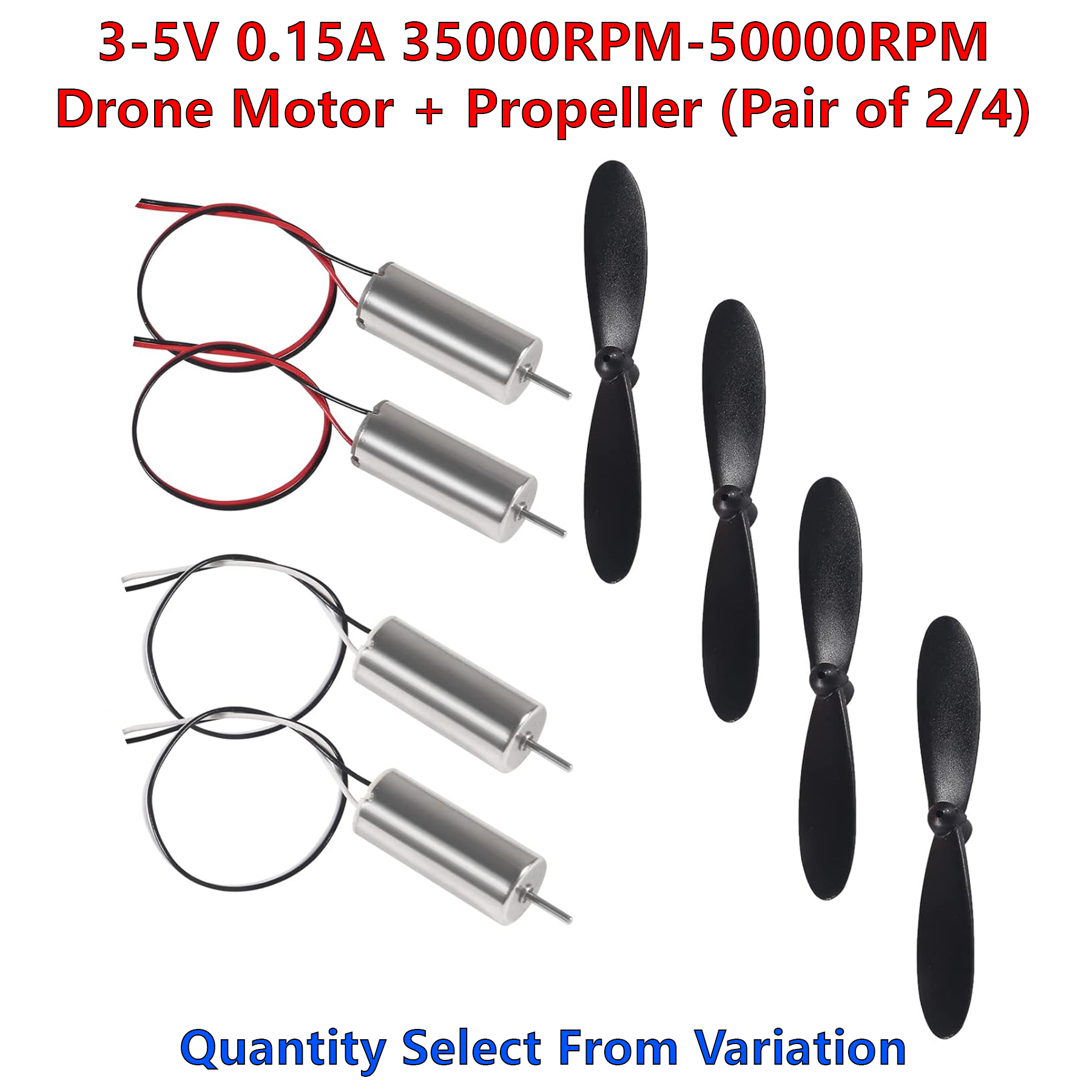 Pair of 2/4 of 3-5V 0.15A 35000RPM-50000RPM Drone Motor + Propeller