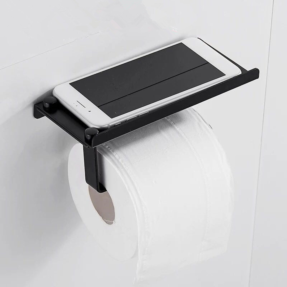 Toilet Paper Holder, Wall Mounted With Cell Phone Storage Holder black