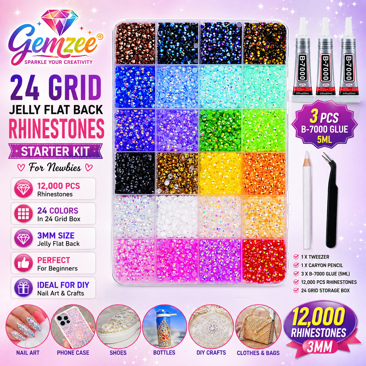 💎 12000PCS 24Colors Resin Flat Back Rhinestone Bedazzle Kit – 3mm with Tweezer Picking Pencil and 3 MIni Glue For Nail Art, Phone Case, Shoes Etc